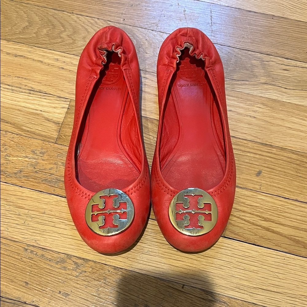 Tory Burch Vibrant Red Flats with Gold Emblem
